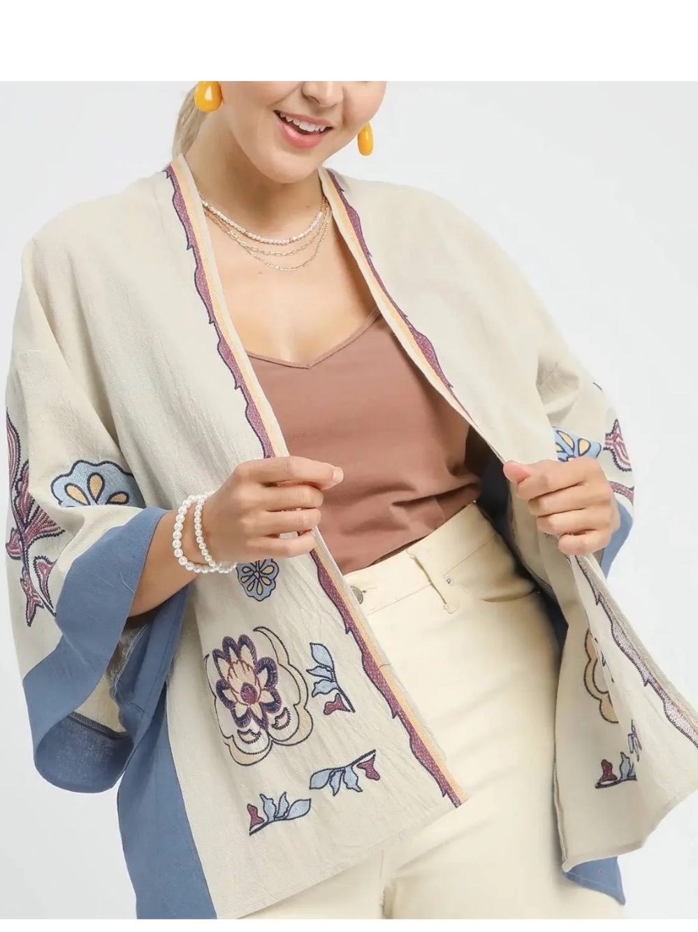 Umgee Cream Open-Front Embroidered Cardigan with Blue Trim